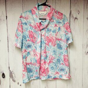 Vintage Devon Womens Size Large Blue Pink Floral Tie Blouse Button Shirt